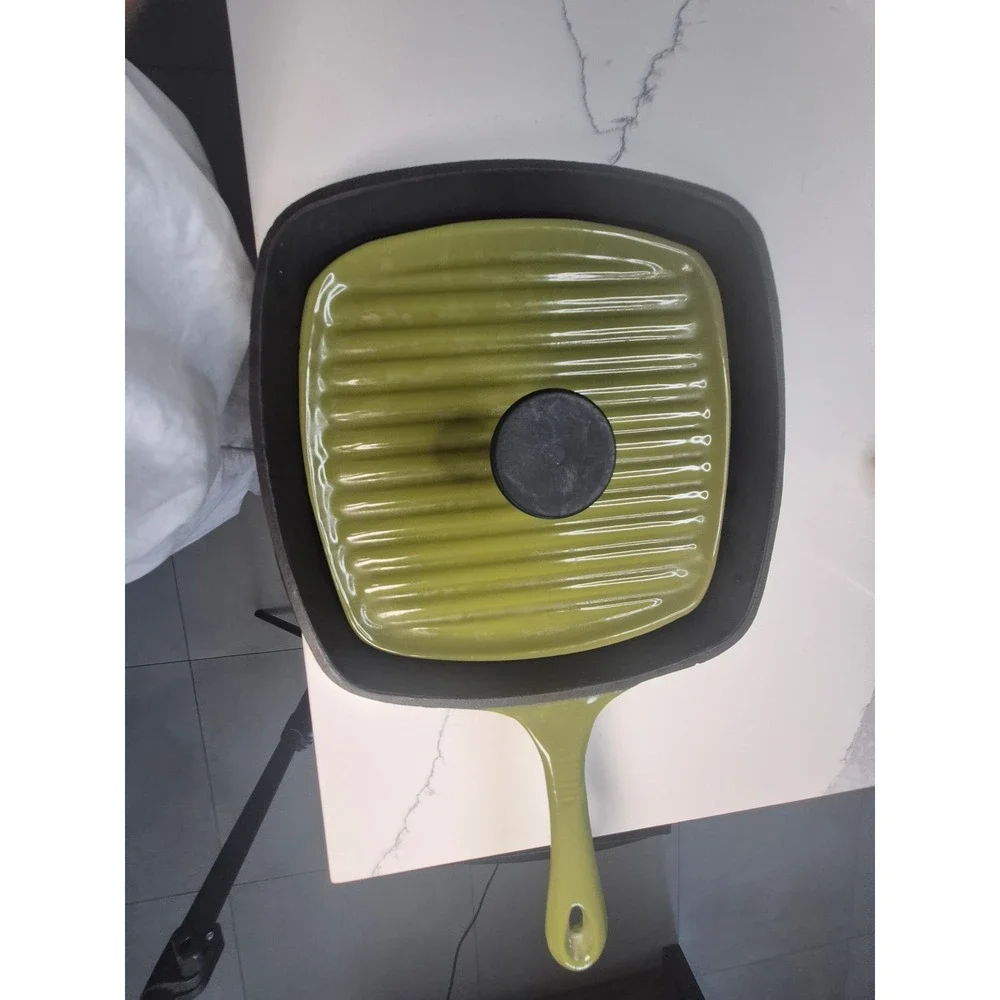 Enameled Cast Iron Square Grill Pan with Grill Press Olive Green 10 Inch